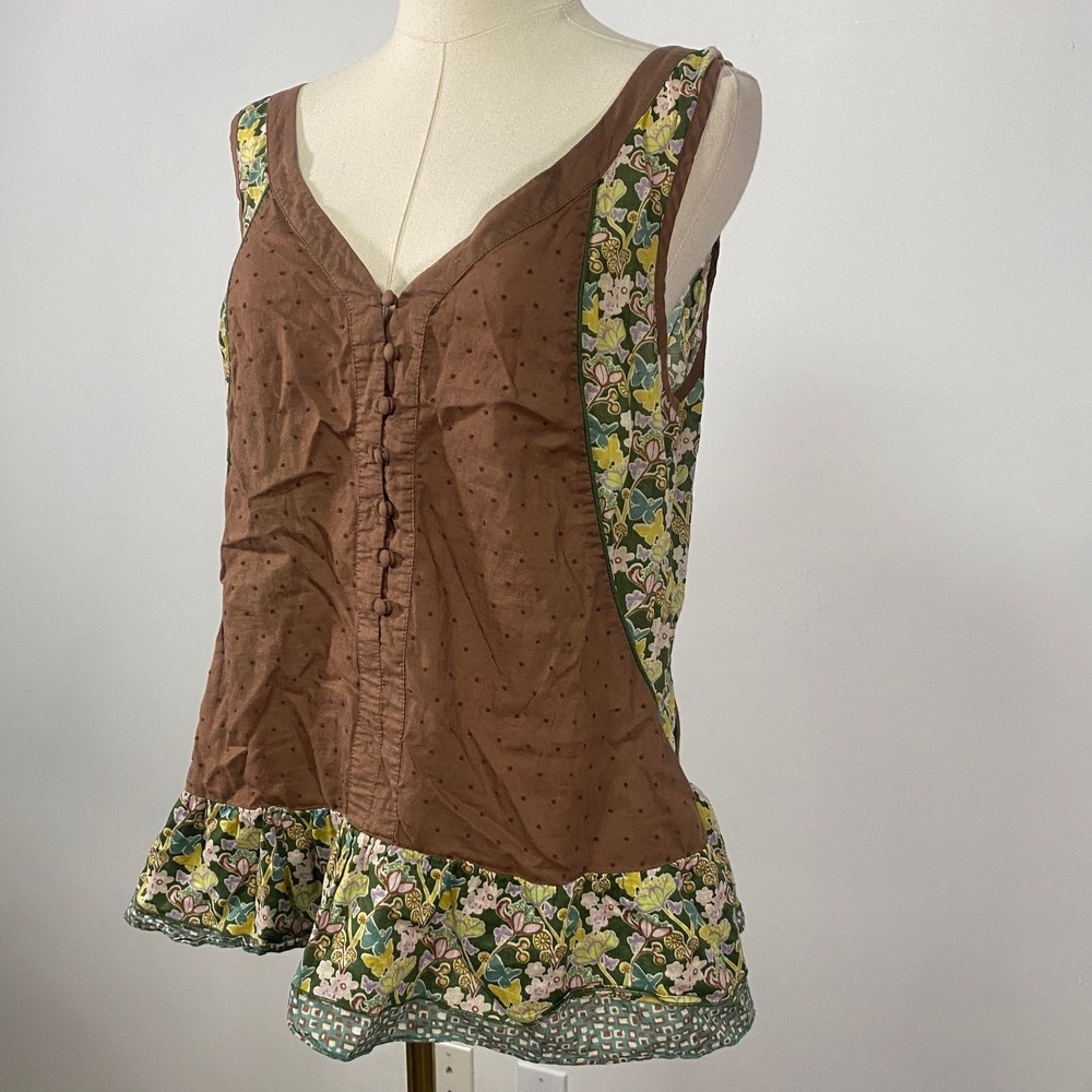 Vintage Y2K Fei L 100% Cotton Brown Green Boho Floral Swiss Dot Button Up Tank - Picture 2 of 8